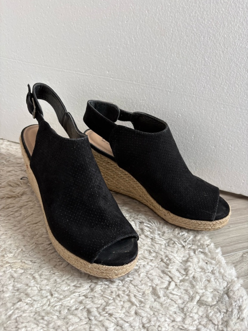 Black Espadrille Wedge Slingback Peep-Toe Sandals Sz 8